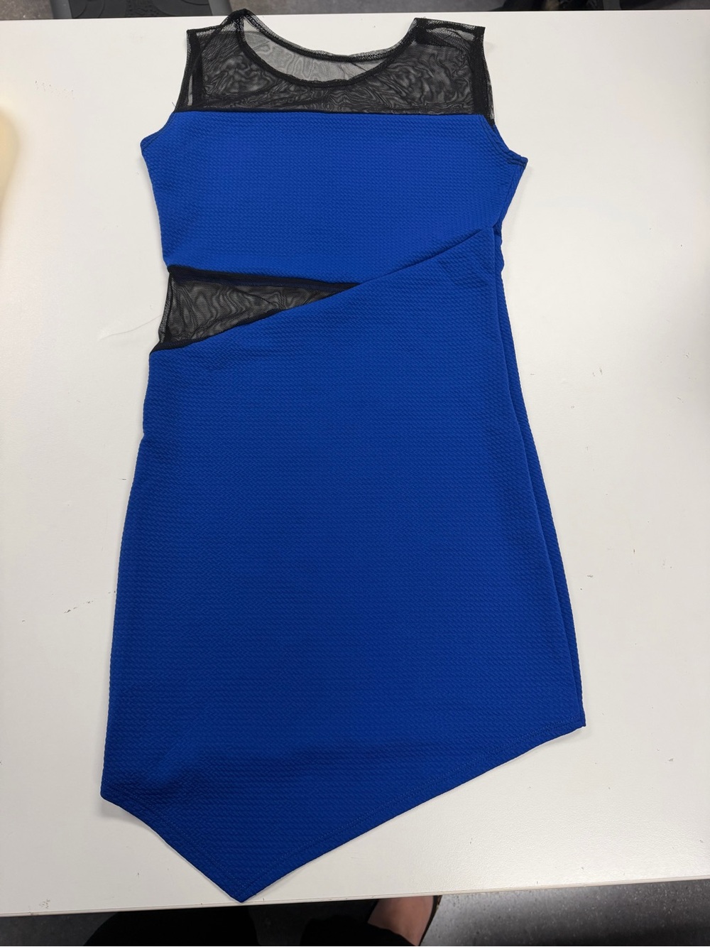 Girls Royal Blue Sleeveless Dress with Black Mesh Insets